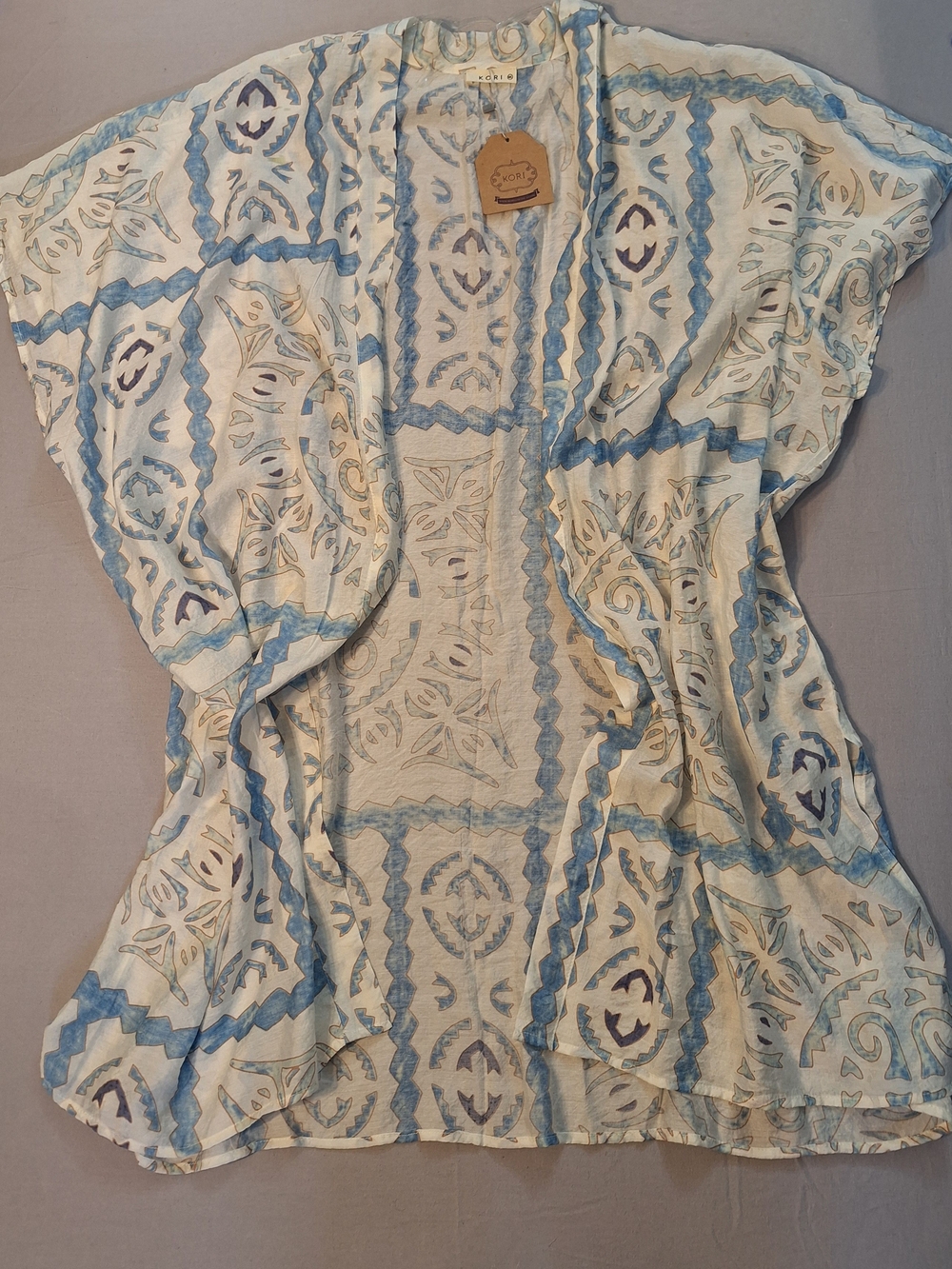 KORI Aztec Printed Sleeveless Open Front Layering Kimono in Blue & White NWT